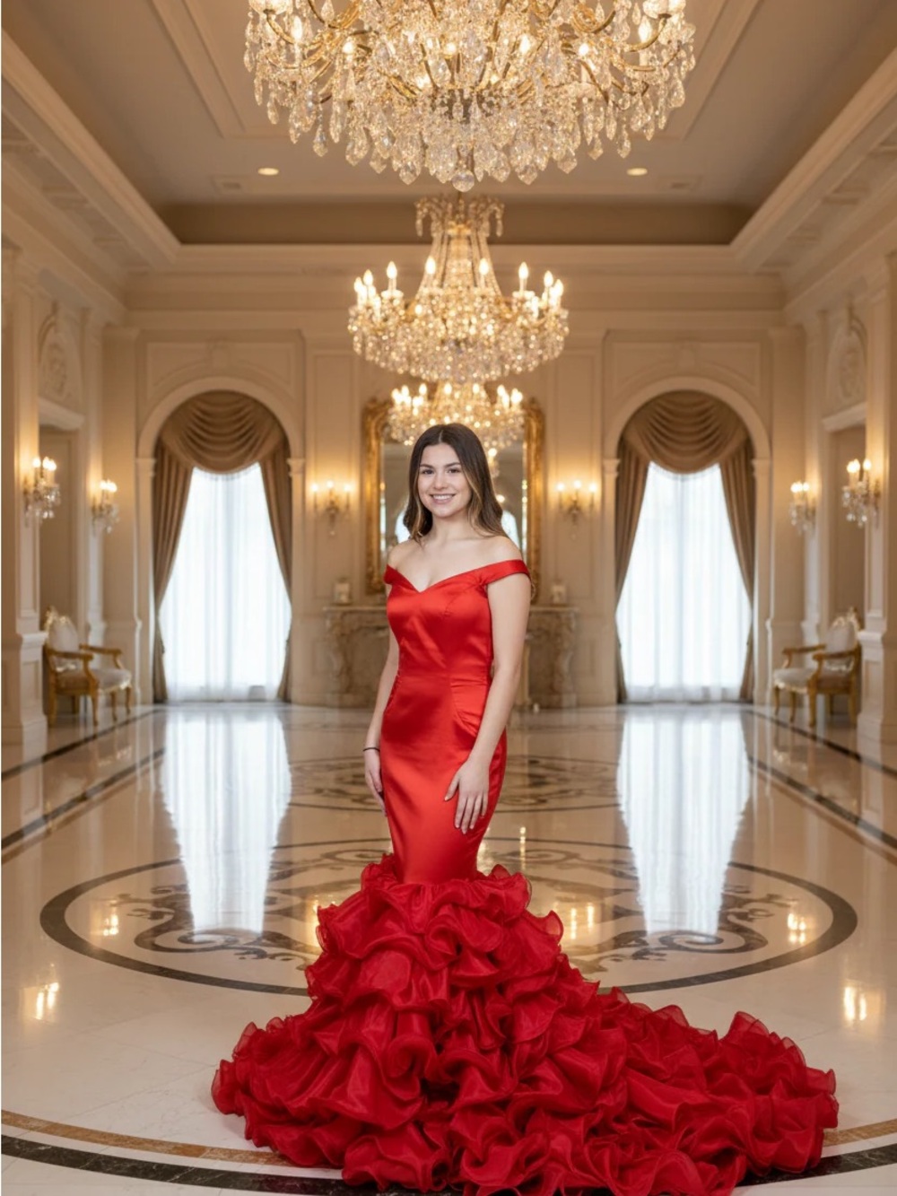Off-Shoulder Red Mermaid Prom Dress with Ruffled Train